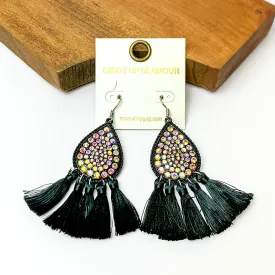 AB Crystal Teardrop Earrings with Tassel Trim in Black