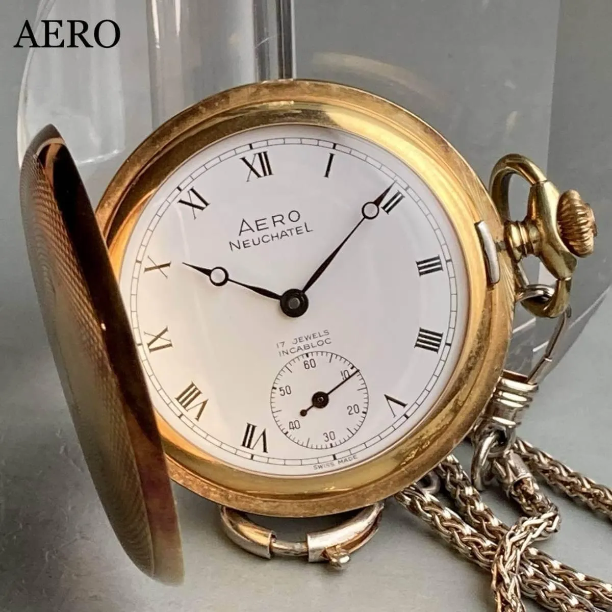 Aero Pocket Watch Antique Hunter Case Manual Winding 44mm