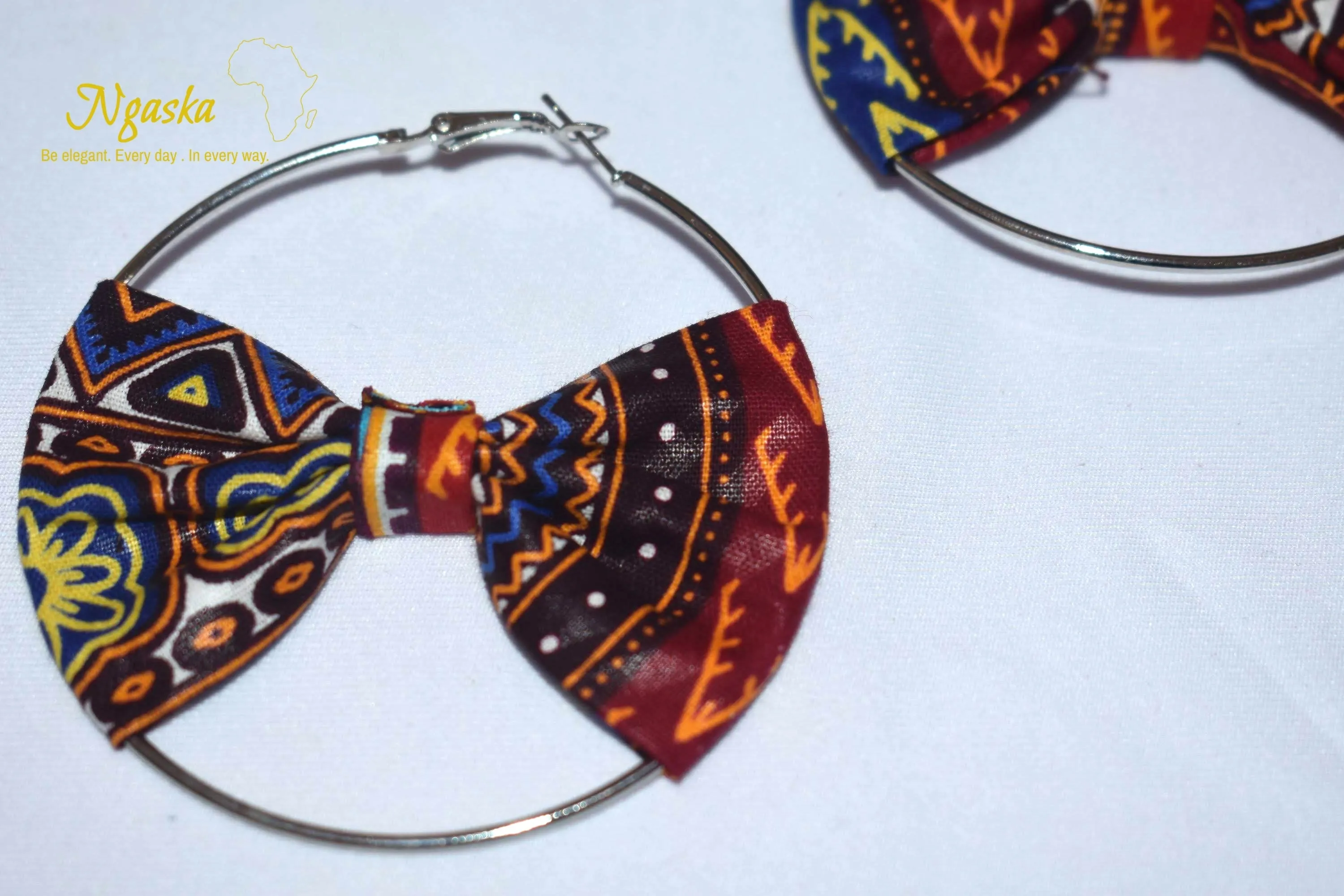 African Print Creole Hoop Earrings, Blue Dashiki Print - ER10