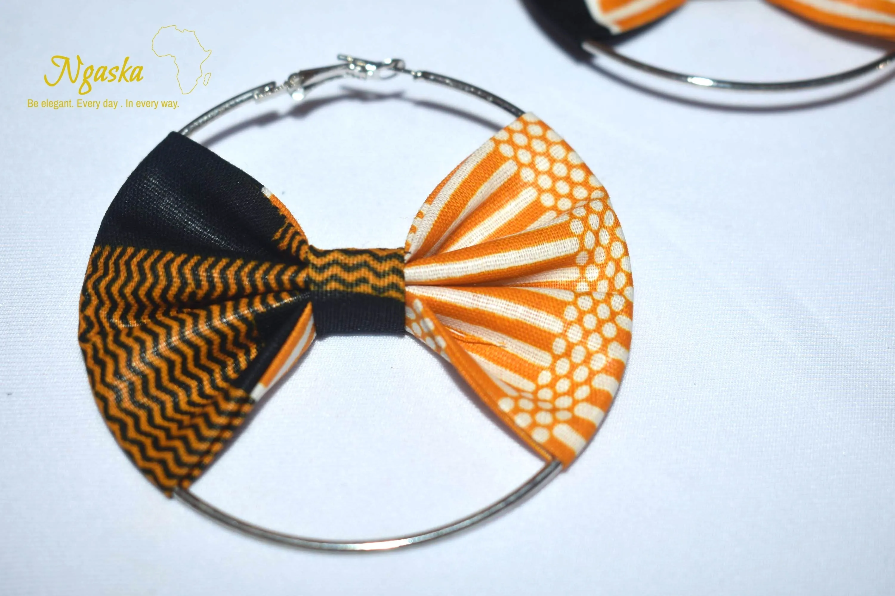 African Print Creole Hoop Earrings, Orange and Black - ER14