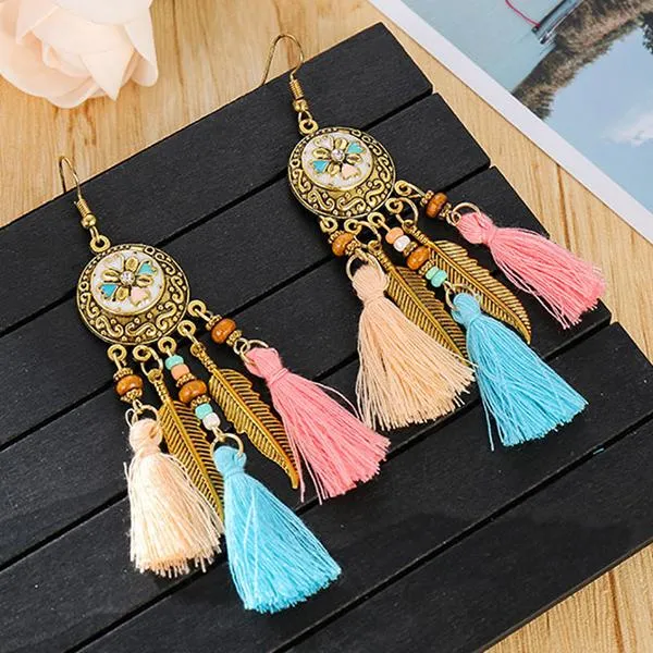 All-Match Tassel Gold Leaf Long Earrings 74904188C