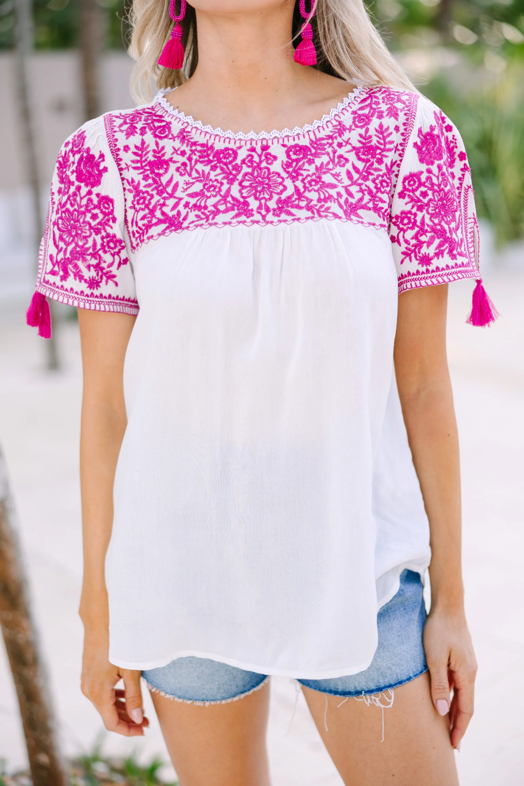 All The Info I Need Magenta Pink Embroidered Top