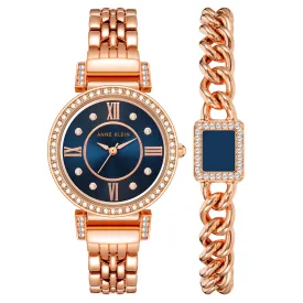 Anne Klein Rose Gold Band Navy Dial Women's Watch with Bracelet Gift Set - AK2928NVST