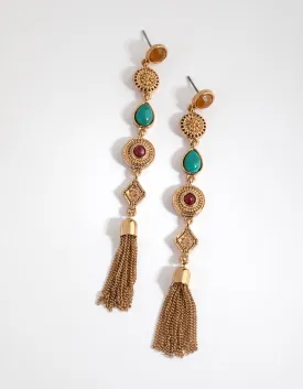 Antique Gold Long Chain Tassel Drop Earrings