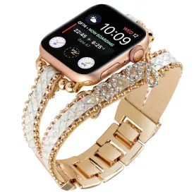 Apple Watch (38/40/SE/41mm) Metal og Læder Rem m. Rhinsten - Guld / Hvid