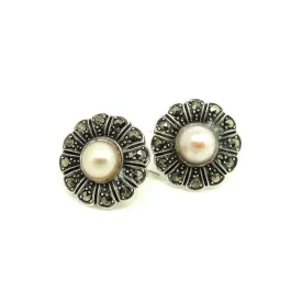 Art Deco 1930s Cultured Pearl & Marcasite Silver Flower Wedding Earrings