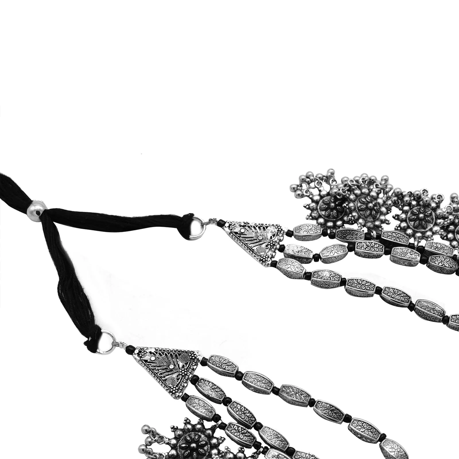 Arunima Floral Silver Oxidized Long Layered Necklace