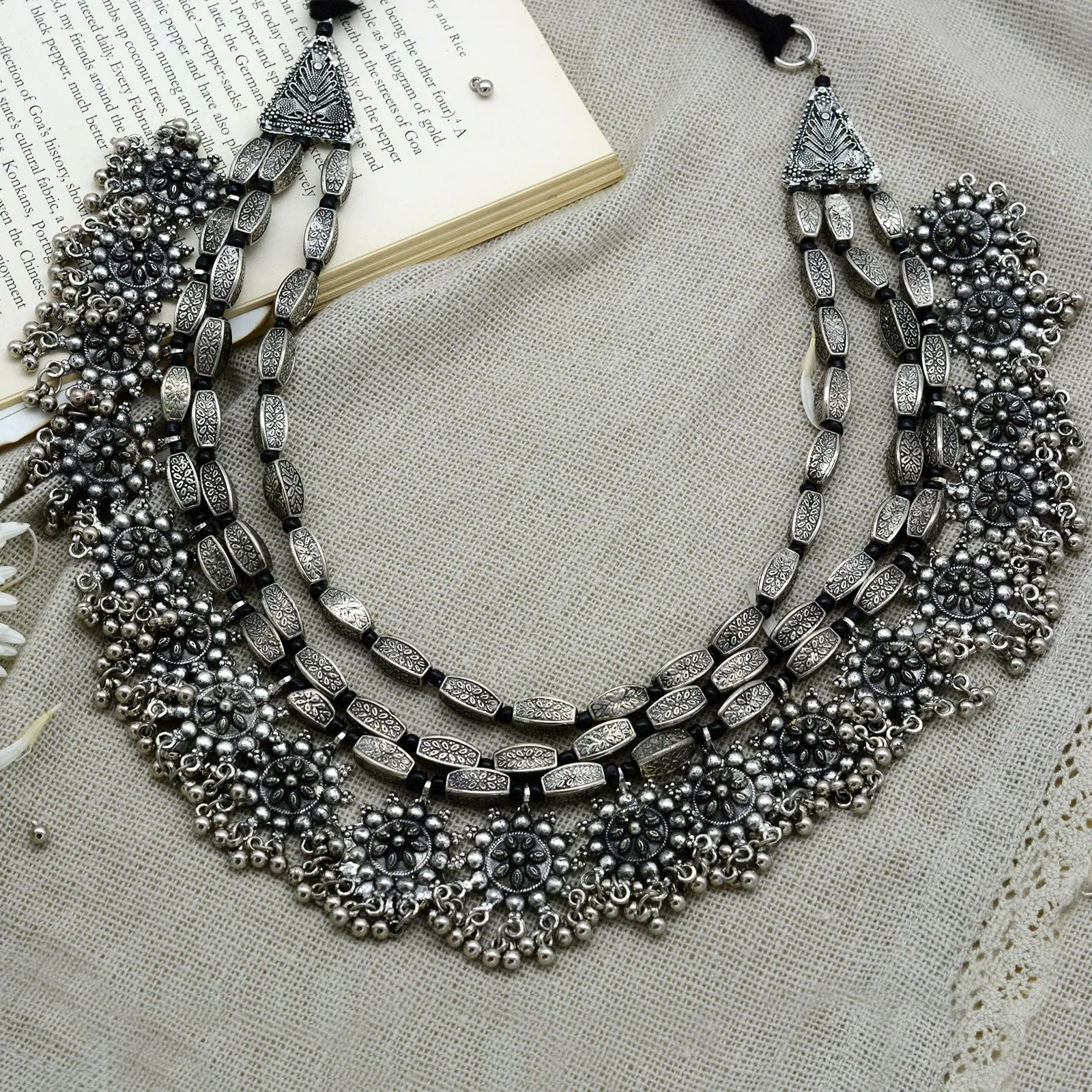 Arunima Floral Silver Oxidized Long Layered Necklace