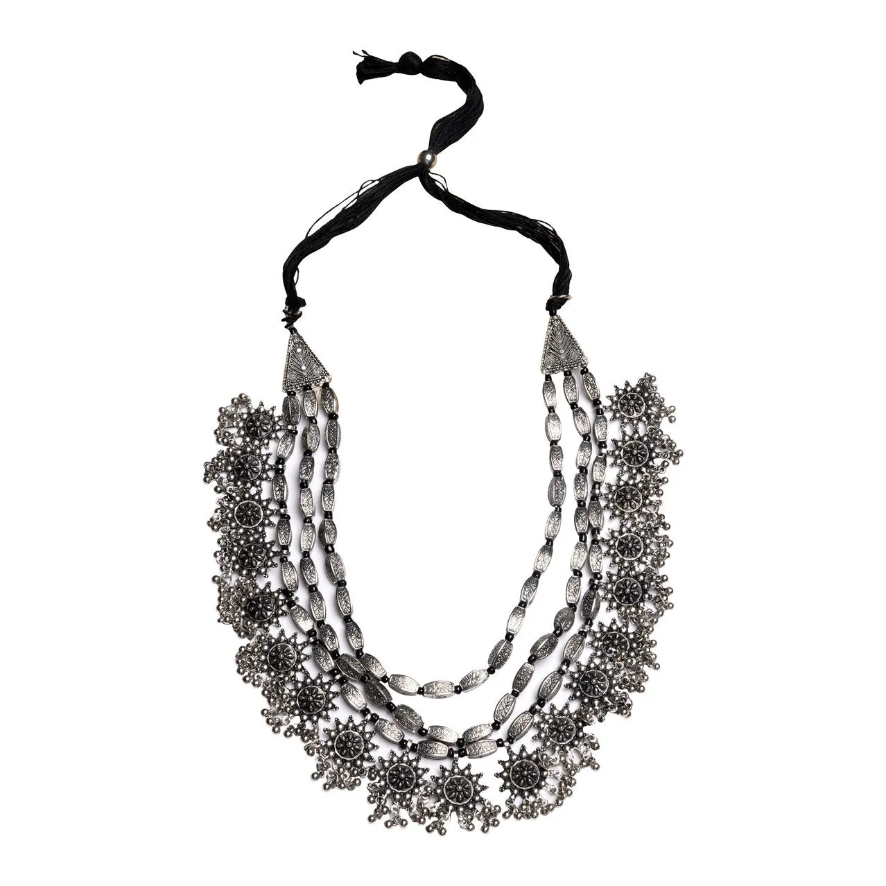 Arunima Floral Silver Oxidized Long Layered Necklace