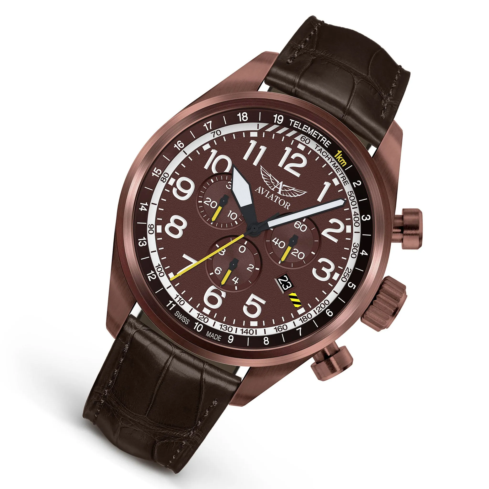 Aviator Brown Leather Chronograph Swiss Made Men's Watch - V22581724