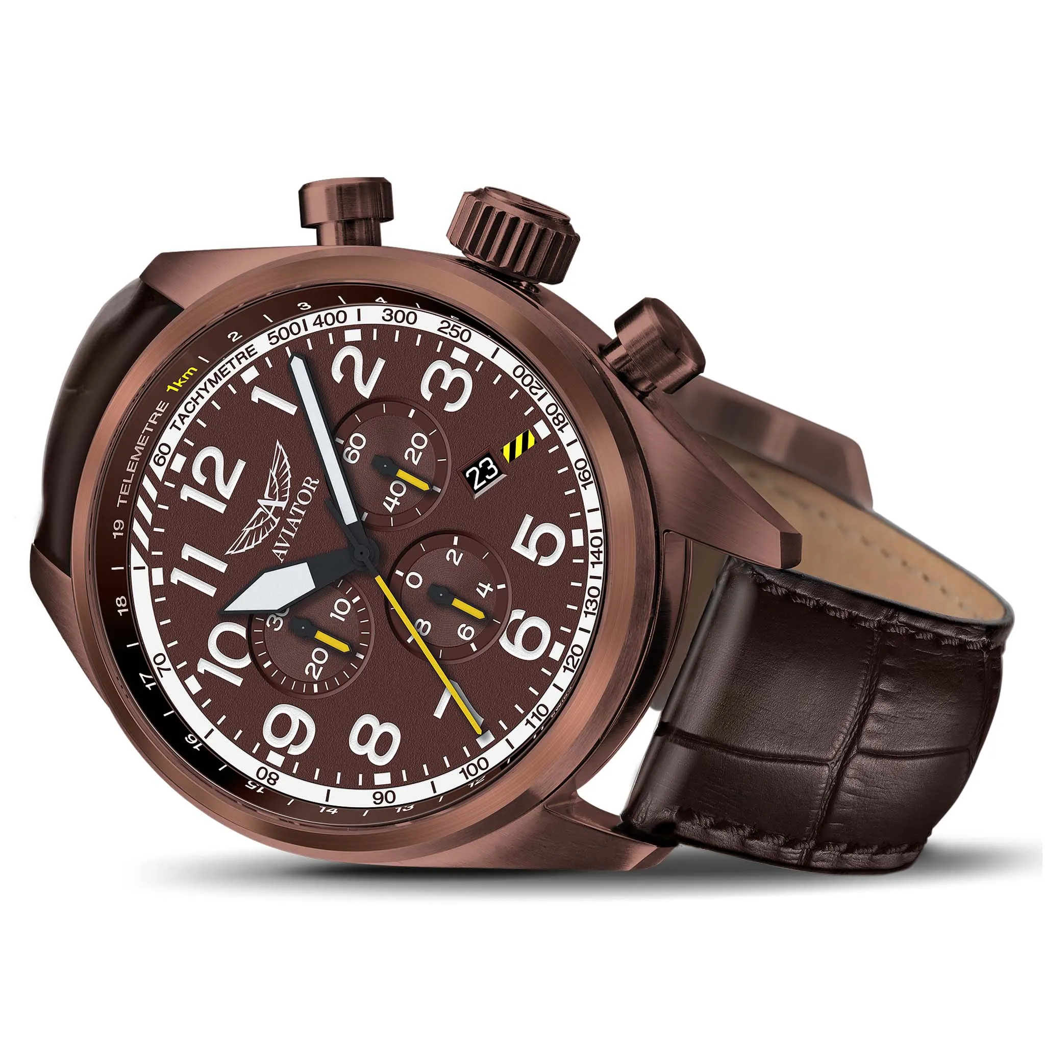 Aviator Brown Leather Chronograph Swiss Made Men's Watch - V22581724