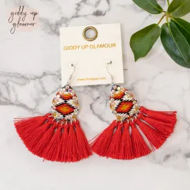 Aztec Print Tassel Earrings in Red