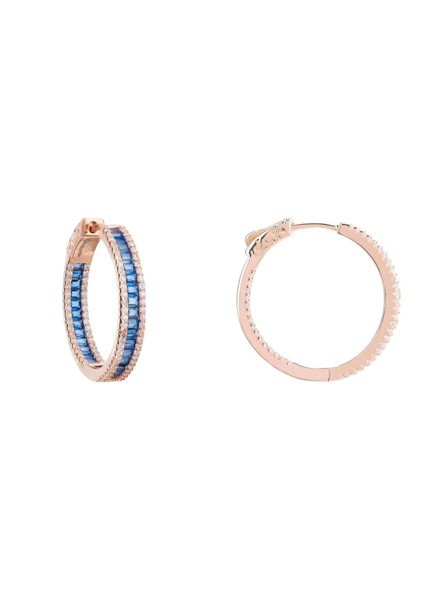 Baguette Hoop Earrings Medium Rosegold Sapphire Blue