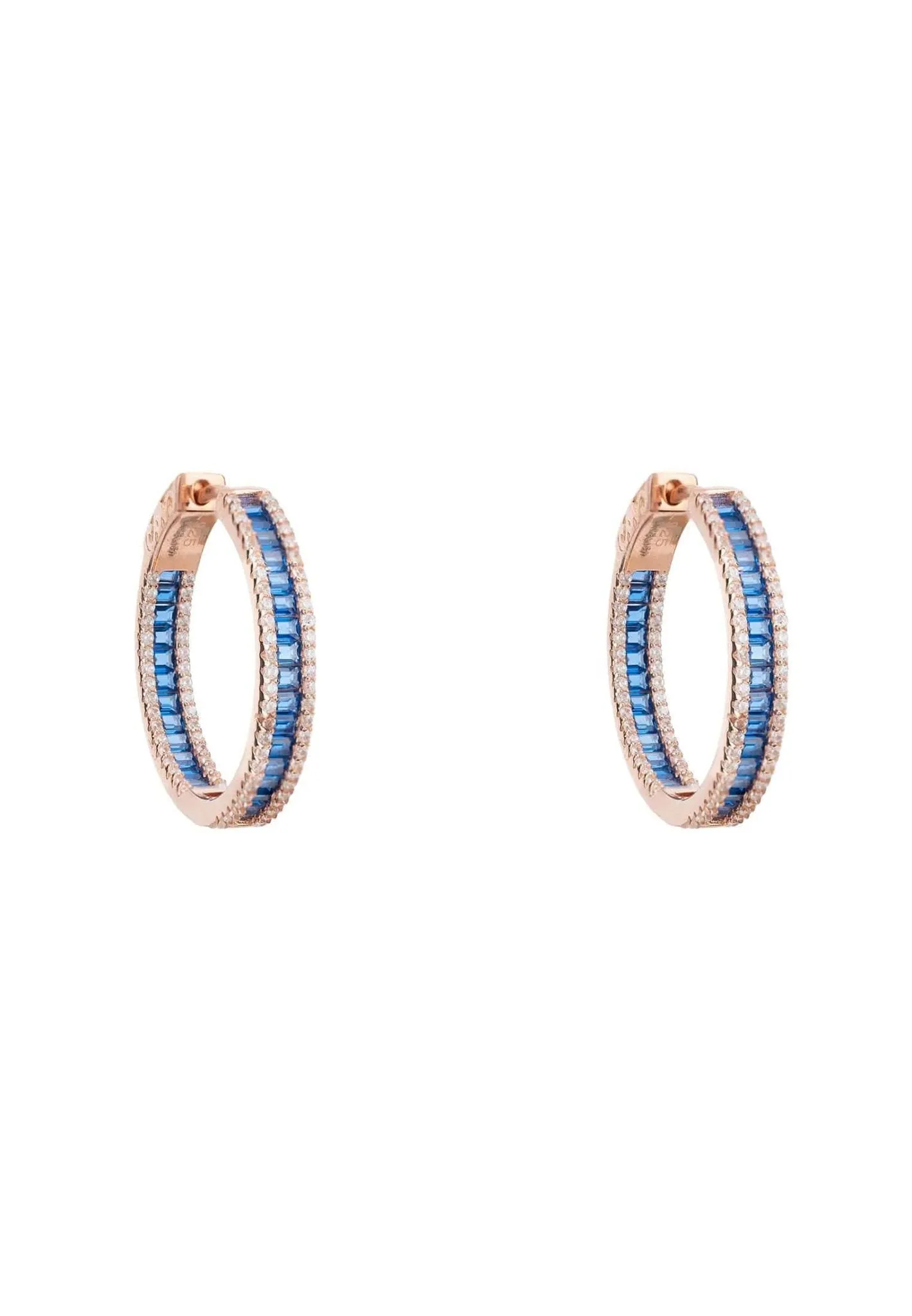 Baguette Hoop Earrings Medium Rosegold Sapphire Blue