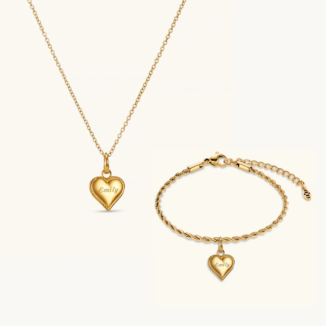 Beaded Heart Matching Necklace & Bracelet Set in Gold