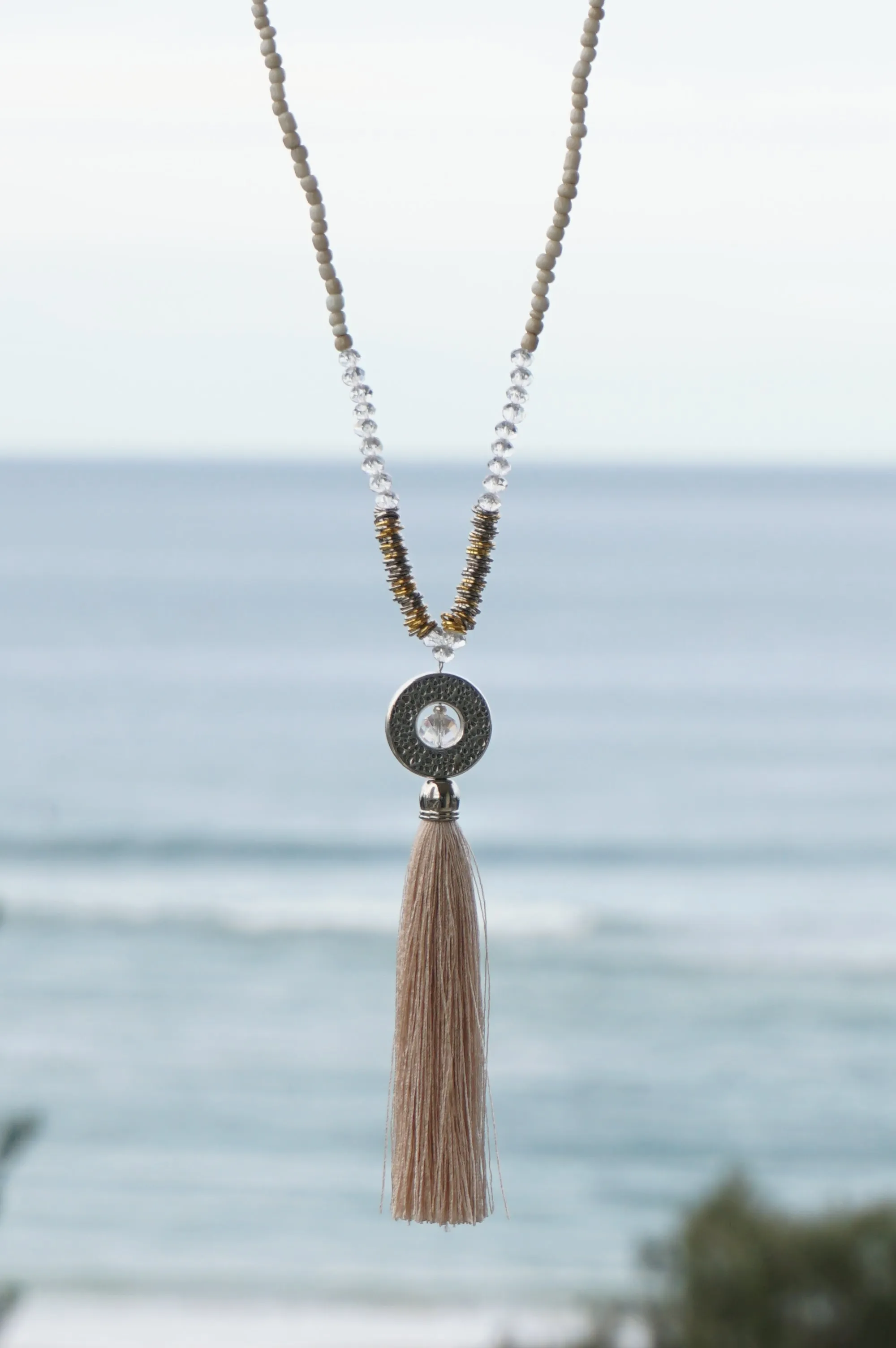 Beige Circle Pendant Tassel Necklace