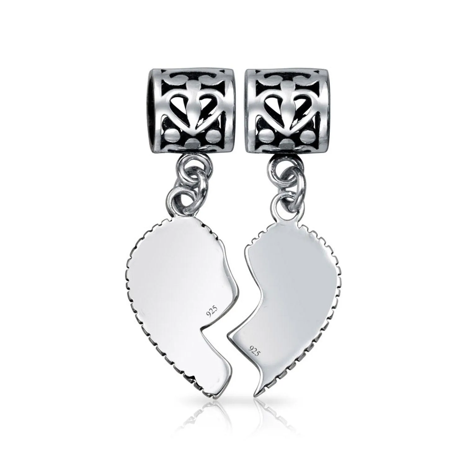 BFF Friend Puzzle 2PC Split Heart Dangle Bead Charm Sterling Silver