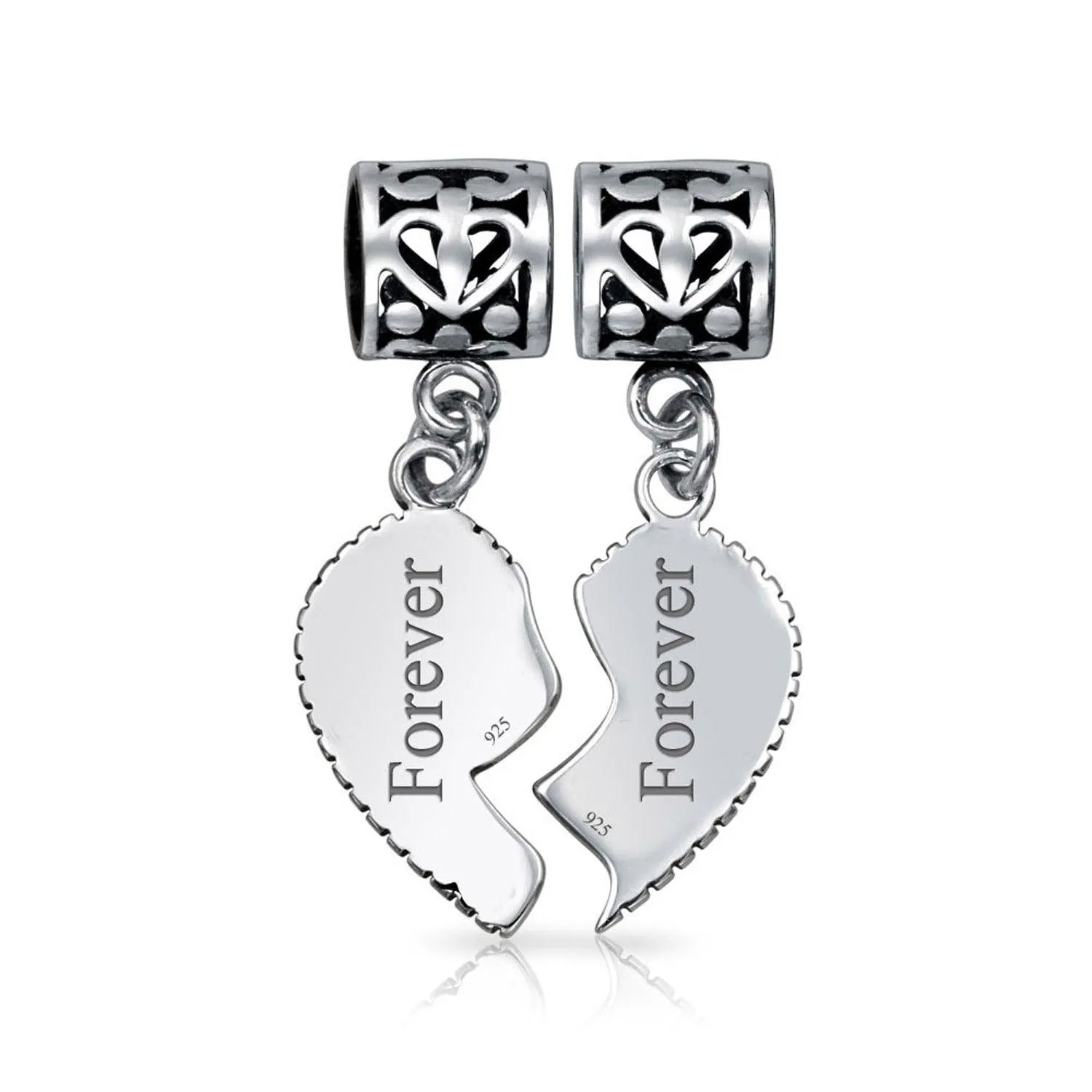 BFF Friend Puzzle 2PC Split Heart Dangle Bead Charm Sterling Silver