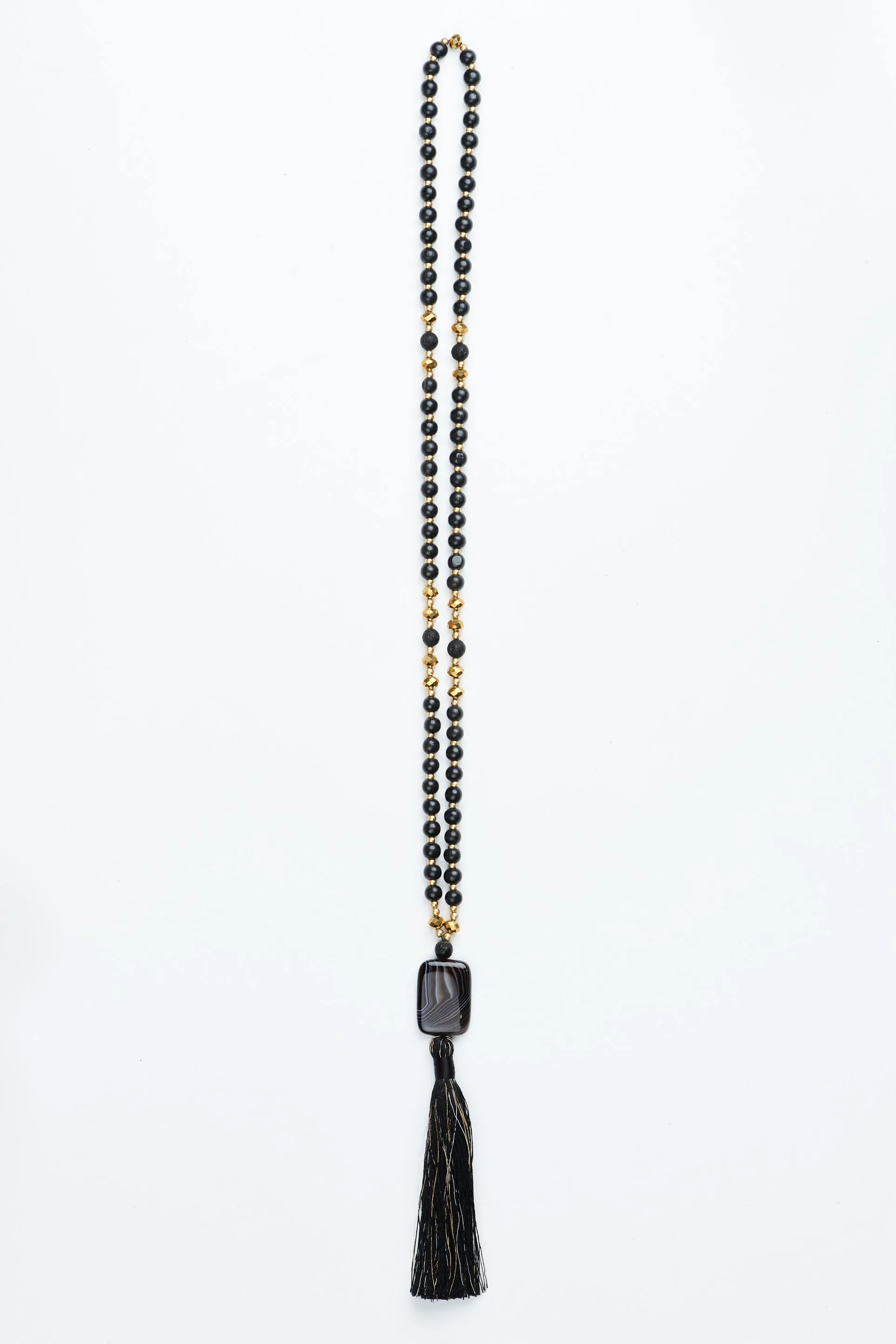 Black and Gold Black Stone Pendant Tassel Necklace