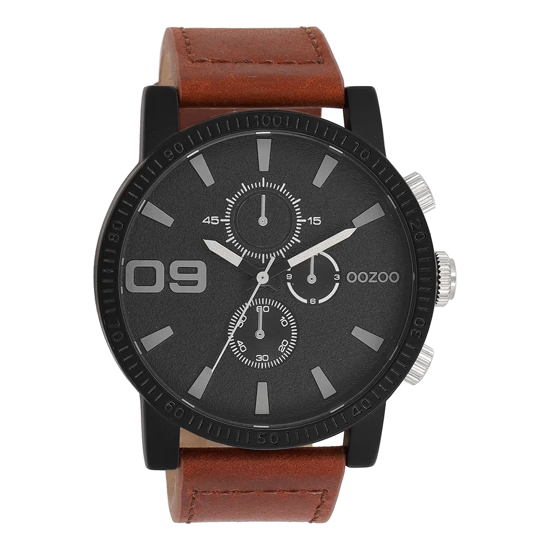 Black OOZOO watch with brown leather strap - C11211