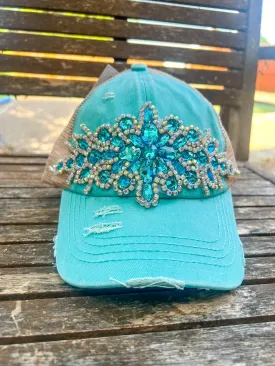 Blake Distressed Jeweled Detail Cap - Aqua