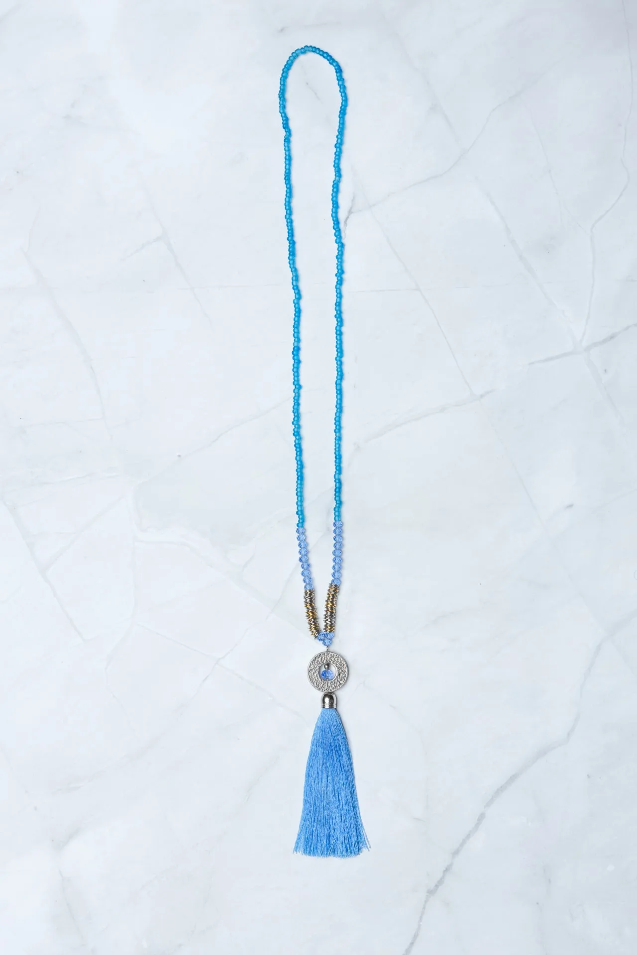 Blue Circle Pendant Tassel Necklace