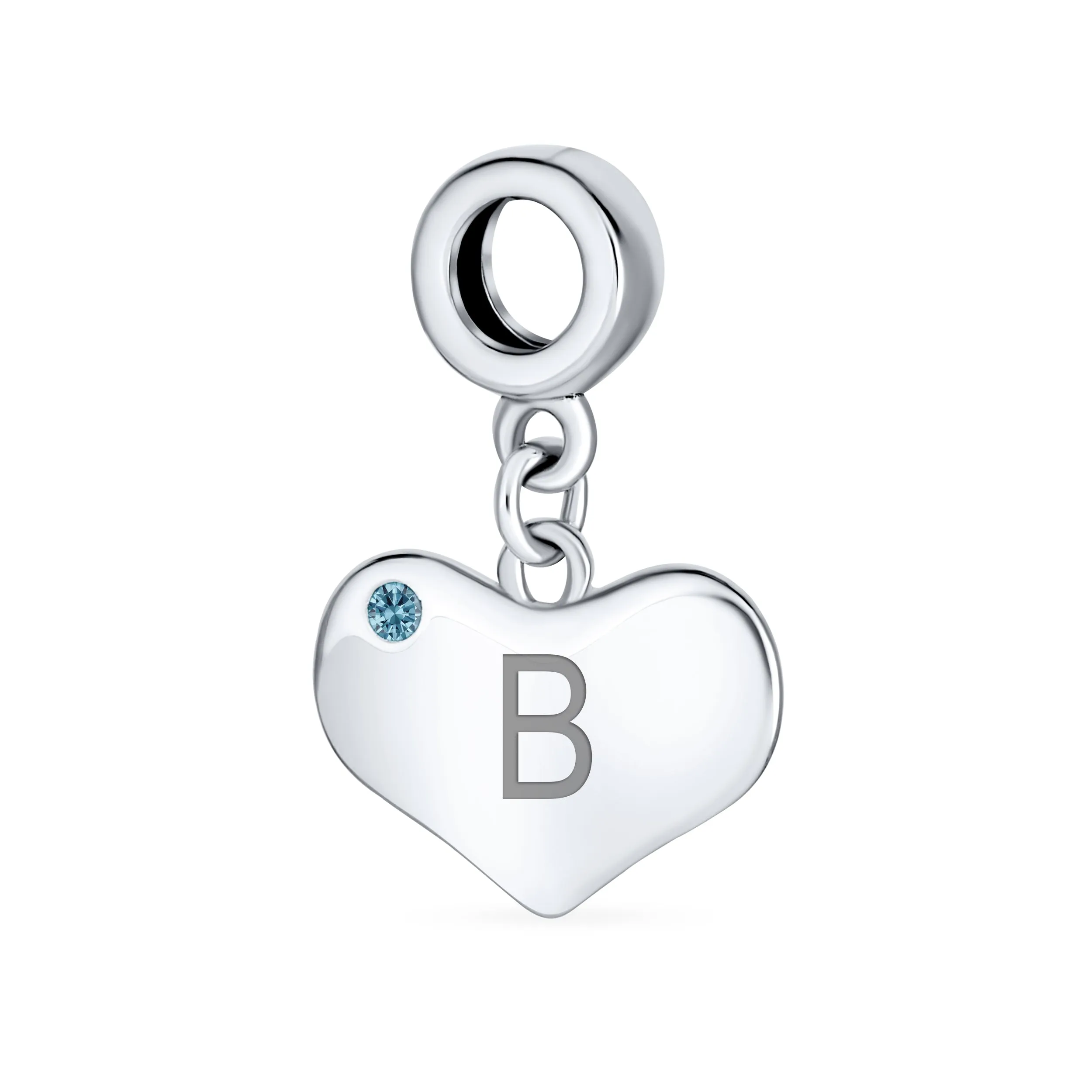 Blue Topaz Crystal Accent Heart Shaped Dangle Bead Charm .925 Silver