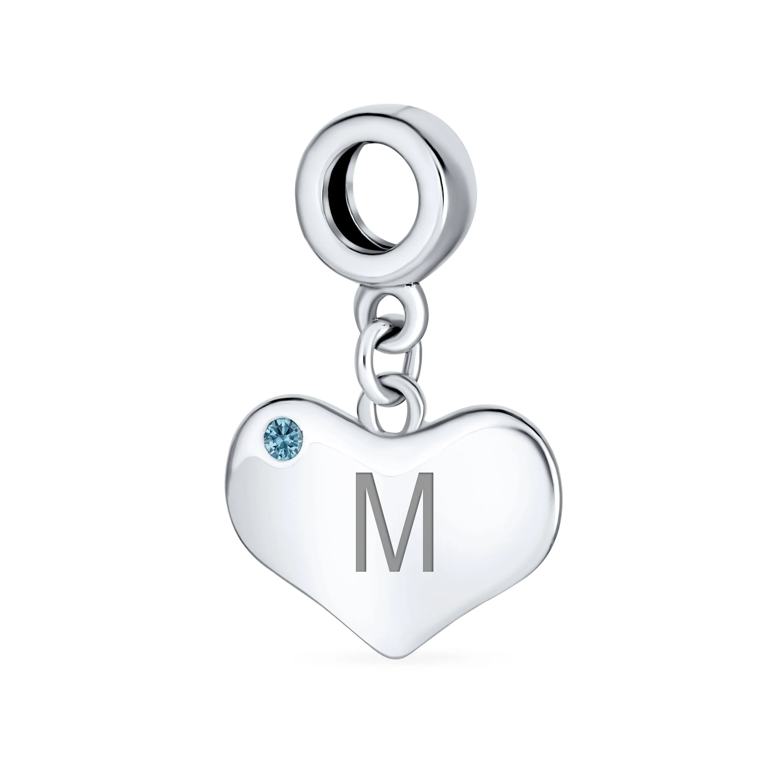 Blue Topaz Crystal Accent Heart Shaped Dangle Bead Charm .925 Silver