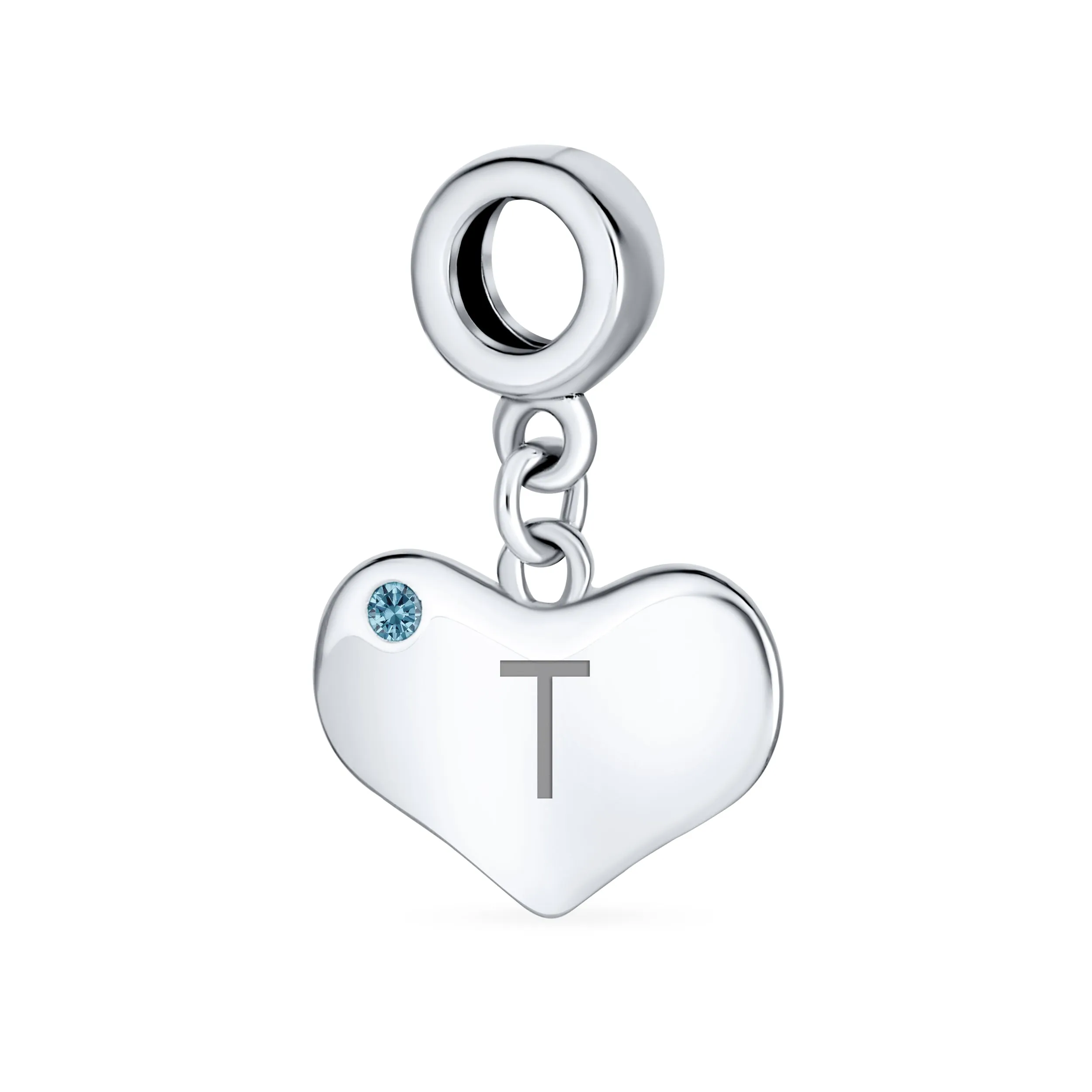 Blue Topaz Crystal Accent Heart Shaped Dangle Bead Charm .925 Silver