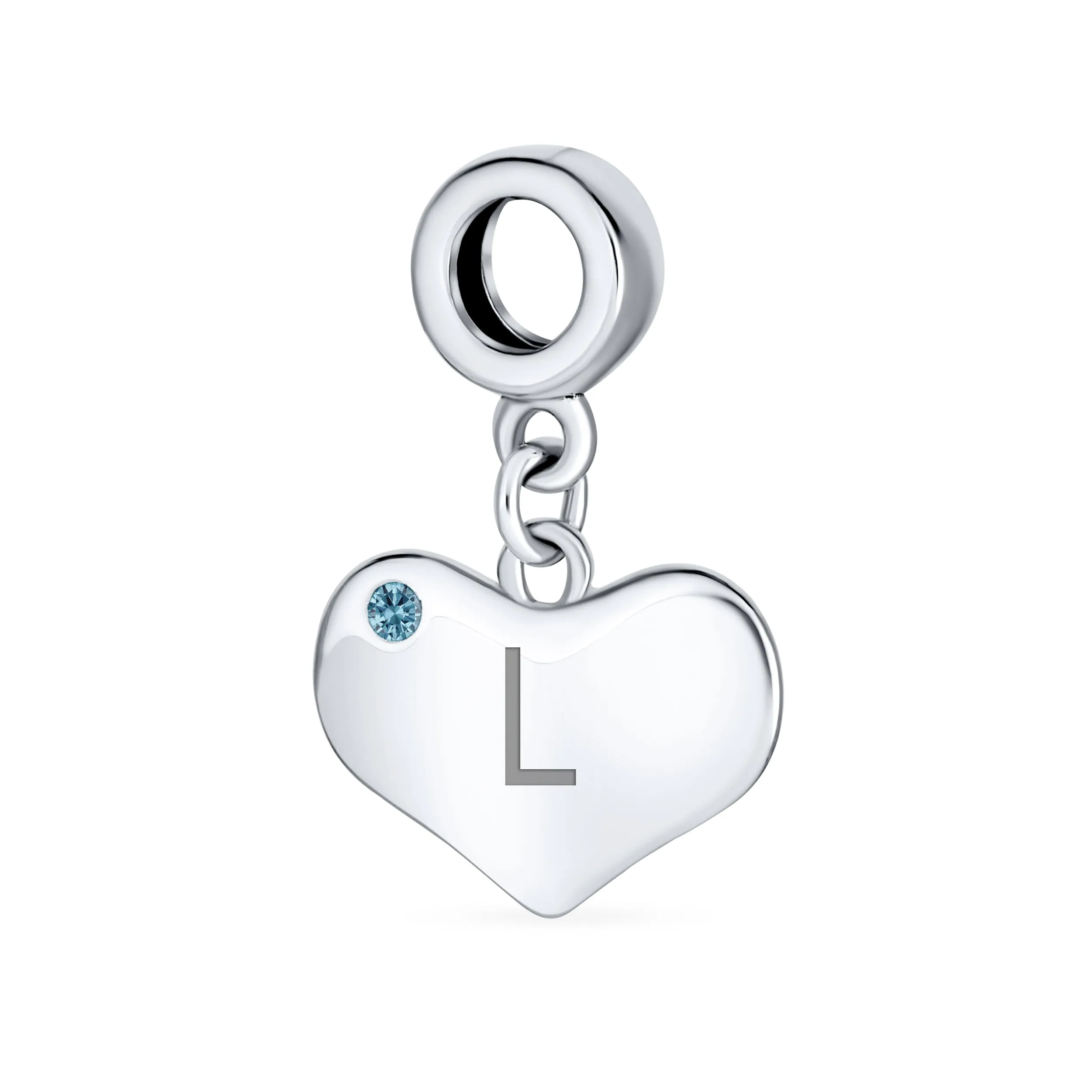 Blue Topaz Crystal Accent Heart Shaped Dangle Bead Charm .925 Silver