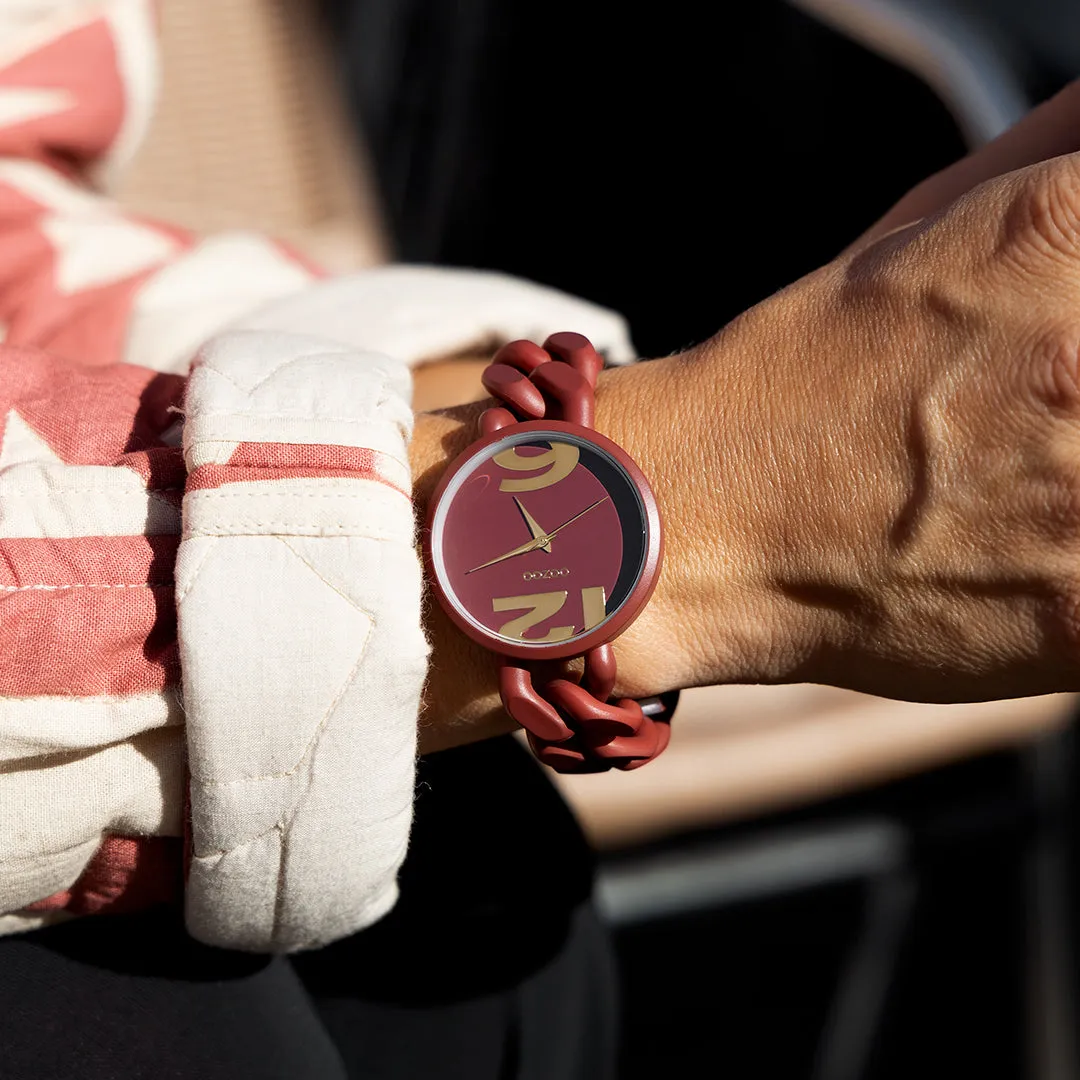 Brick red OOZOO watch with brick red chunky chain bracelet - C11267