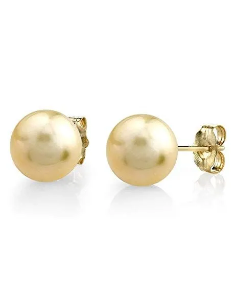 Champagne Golden South Sea Round Pearl Stud Earrings - AAAA