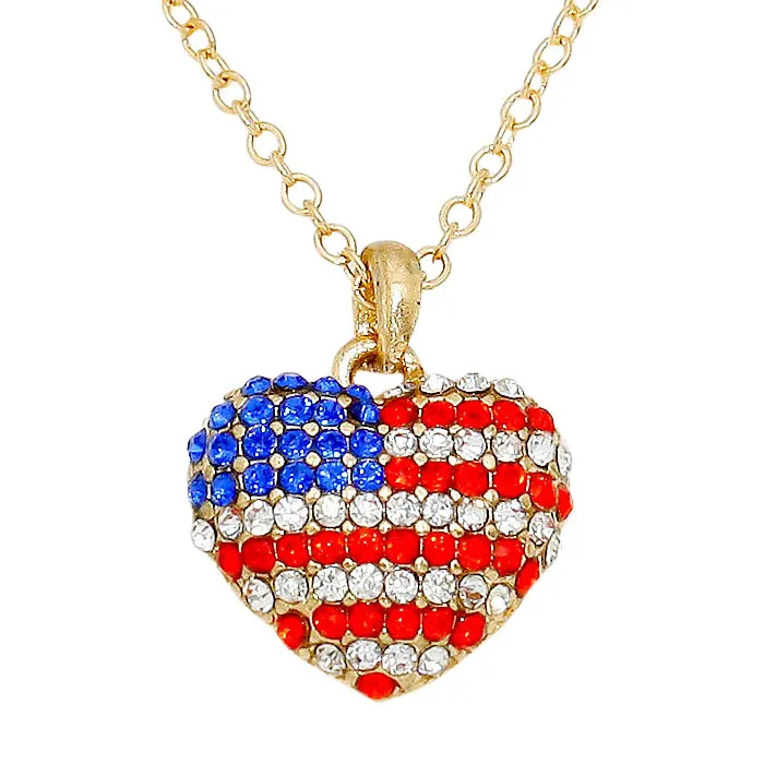 Crystal Pave American Flag Heart Pendant Necklace