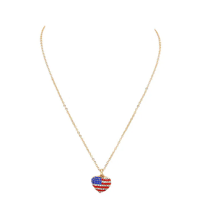 Crystal Pave American Flag Heart Pendant Necklace