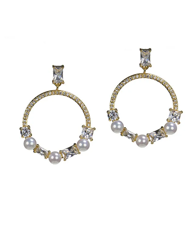 CZ and Pearl Open Circle Earrings