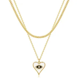 Dainty 14K Gold Layered Evil Eye Religious Necklace- Cuban Chain Heart Eye