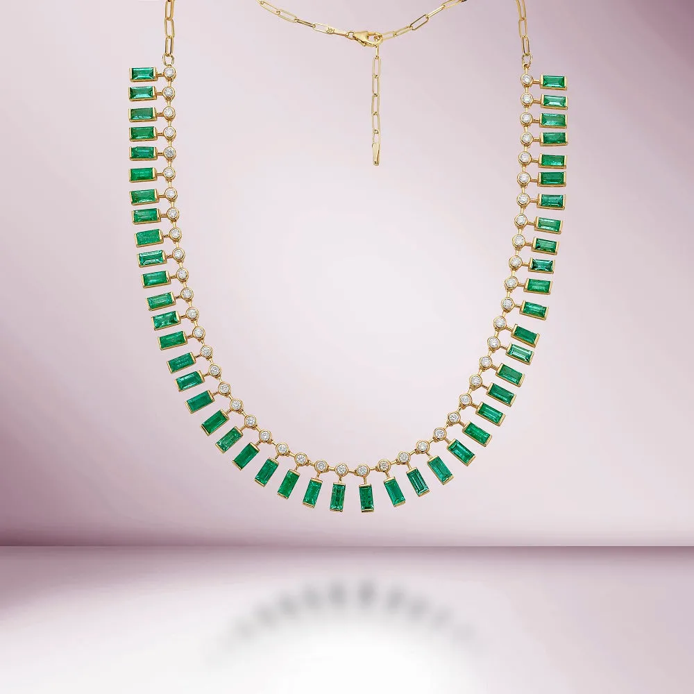 Diamond & Dangling Emerald Cut Emerald Choker Necklace (18.55 ct.) in 14K Gold