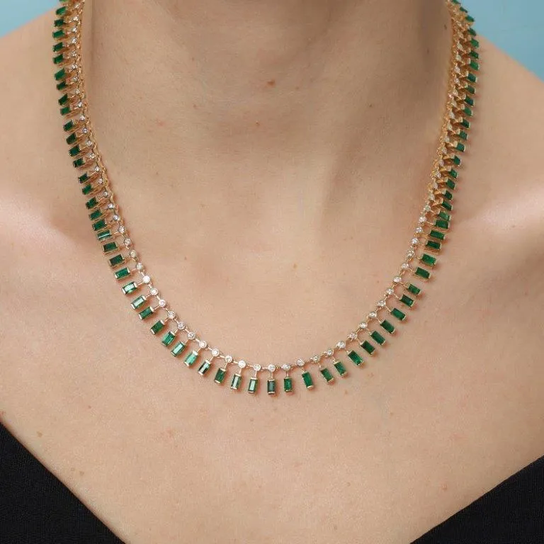 Diamond & Dangling Emerald Cut Emerald Choker Necklace (18.55 ct.) in 14K Gold