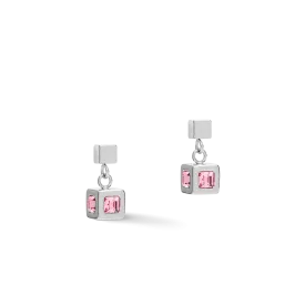 Earrings cube stainlees steel silver & crystal rose