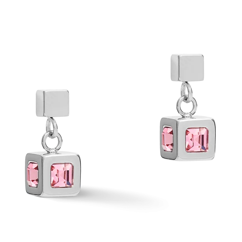 Earrings cube stainlees steel silver & crystal rose