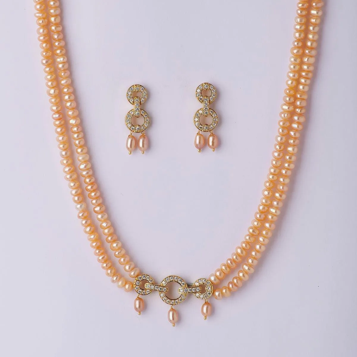 Elegant Stone Studded Pink Pearl Necklace Set