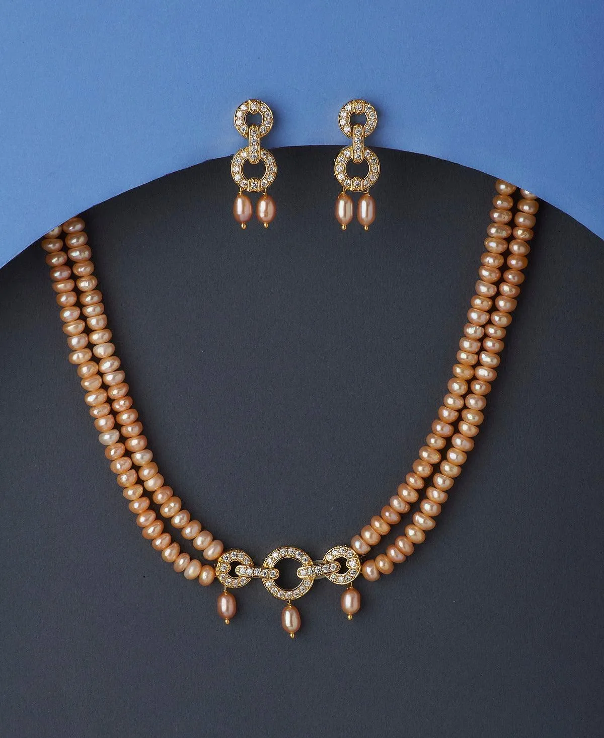 Elegant Stone Studded Pink Pearl Necklace Set