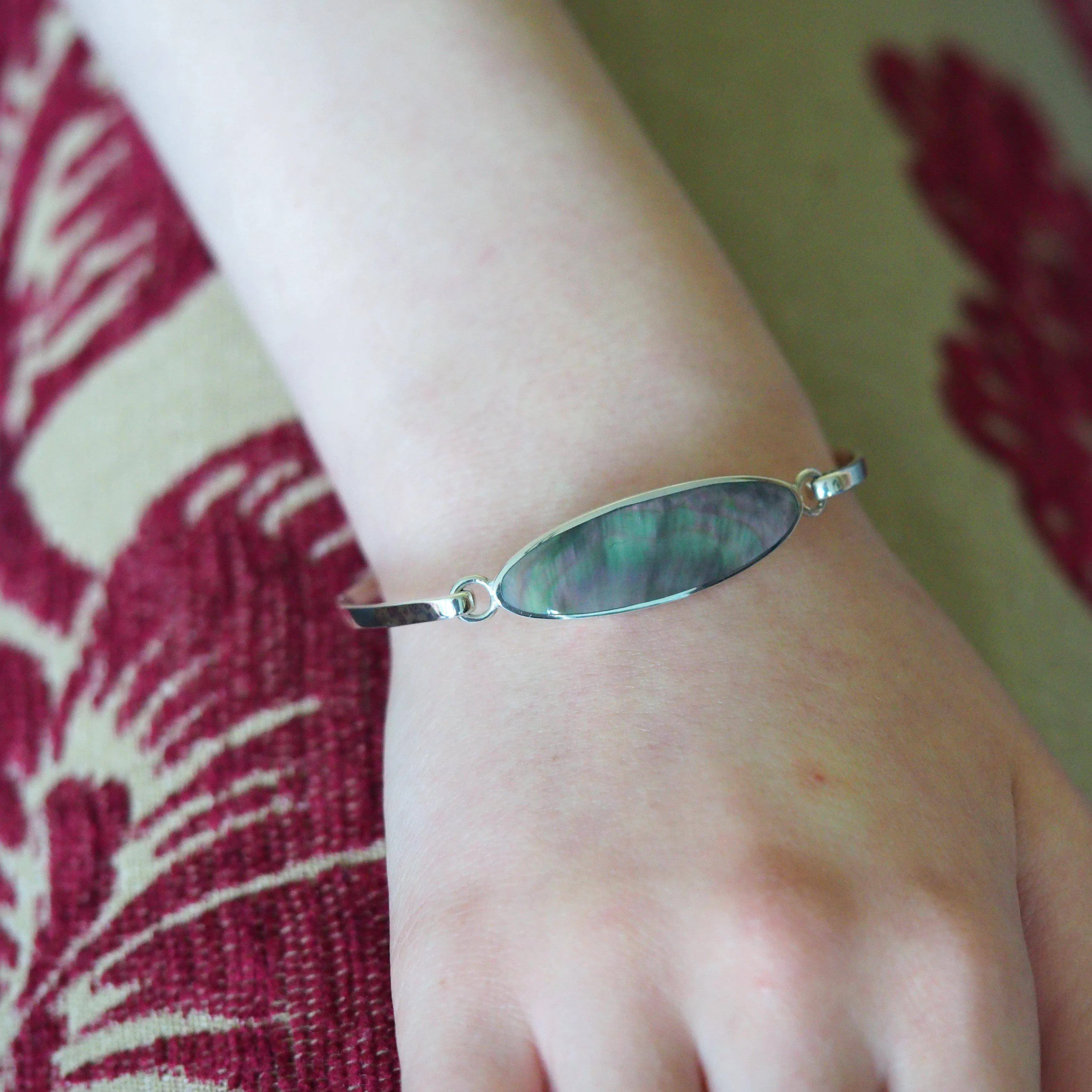 Engraved Sterling Silver Oval Abalone Stone Bangle