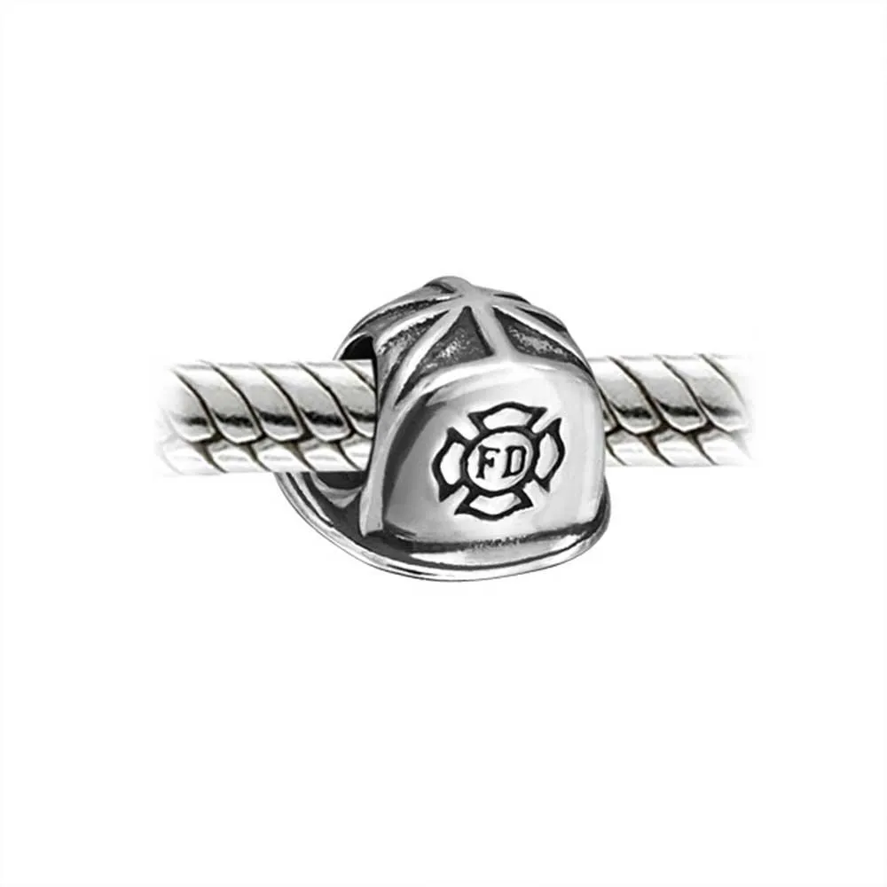 Firefighter Hat Helmet Police Officr Shield Gun Charm Bead .925 Silver