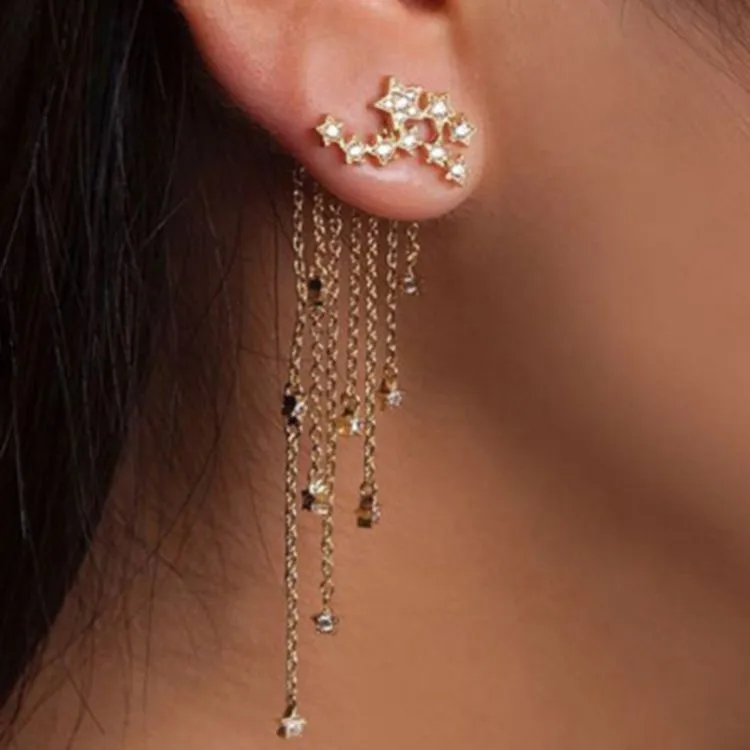 Gold and Rhinestone Stars Chandelier Tassel Pendant Earrings