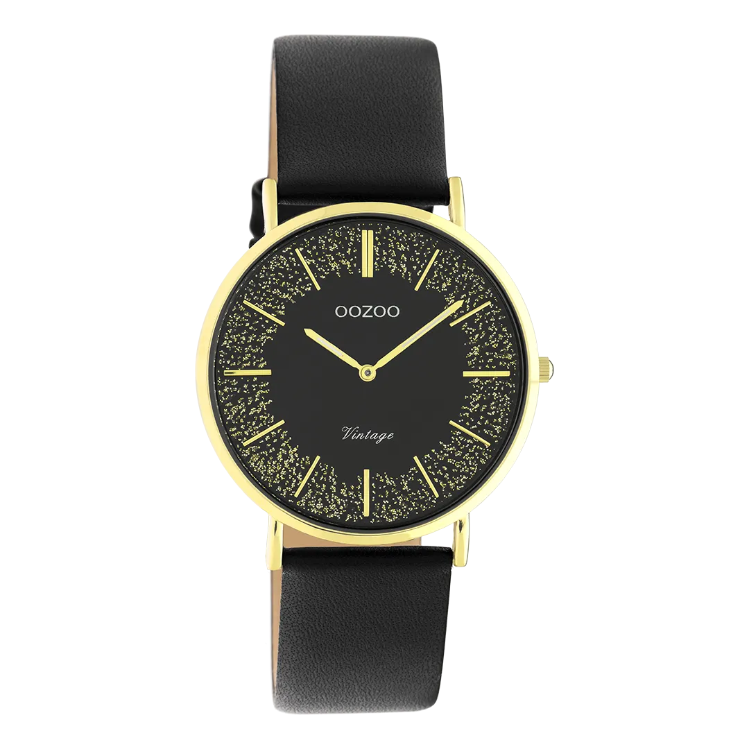 Gold coloured OOZOO watch with black leather strap - C20186