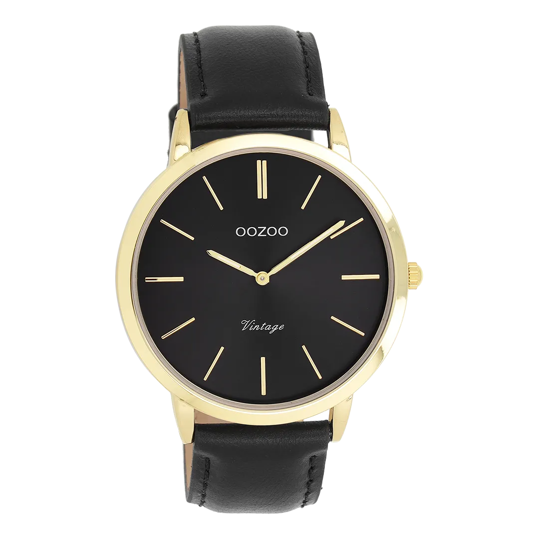 Gold coloured OOZOO watch with black leather strap - C20389