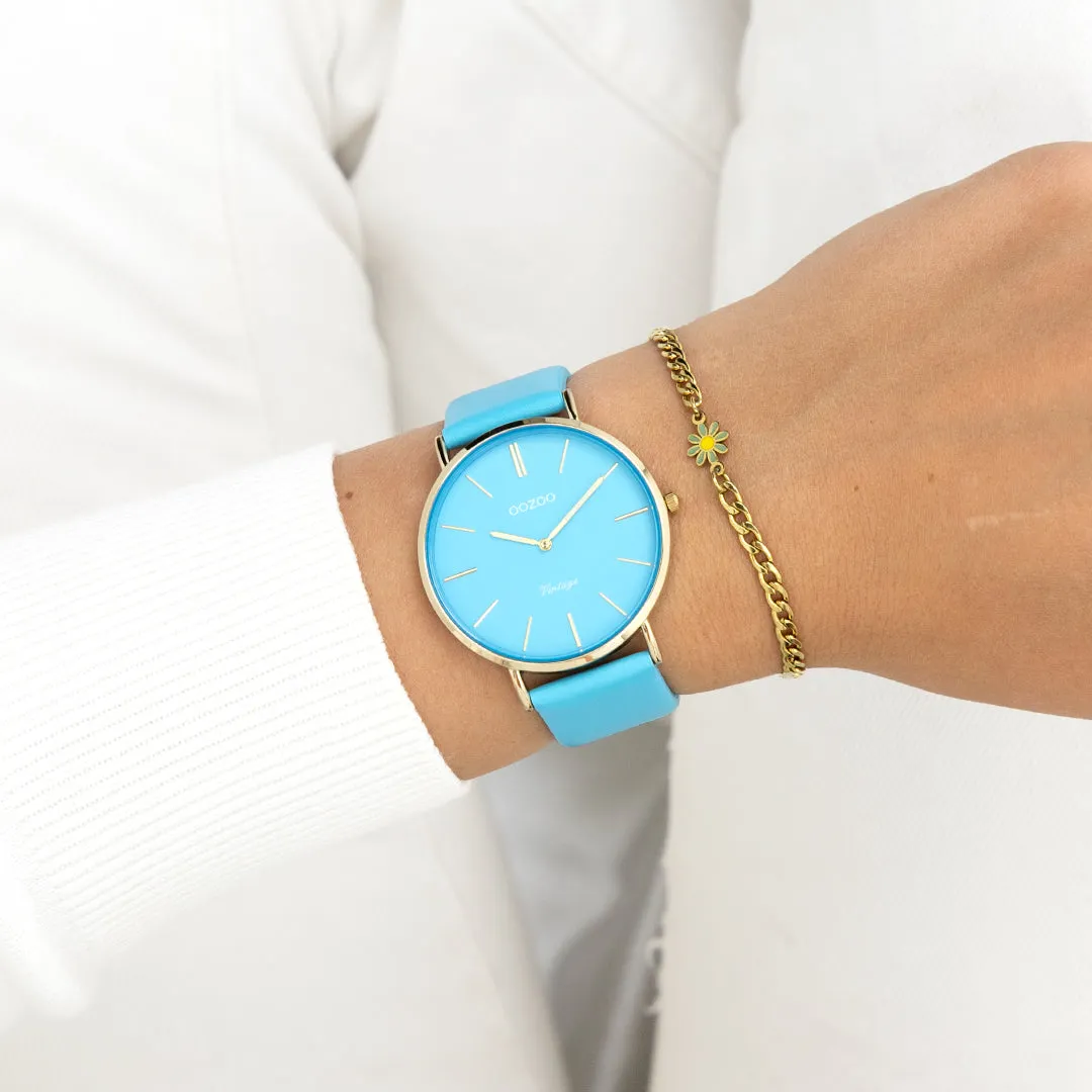 Gold coloured OOZOO watch with bright blue leather strap - C20323