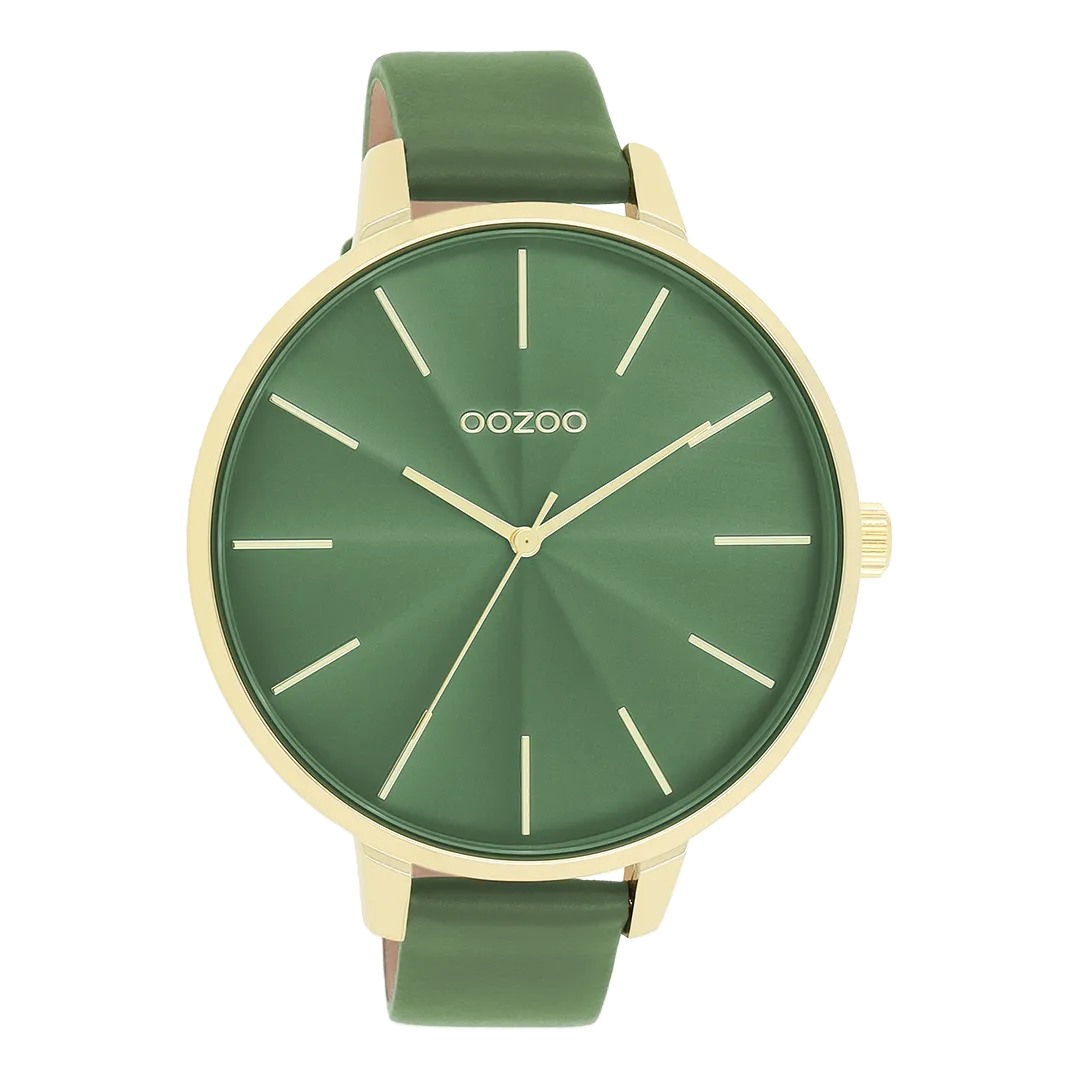 Gold coloured OOZOO watch with green leather strap - C11349