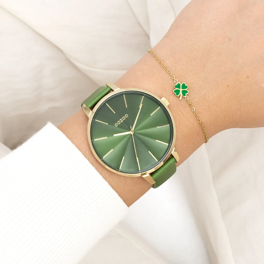 Gold coloured OOZOO watch with green leather strap - C11349